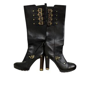 Tory Burch Boots Womens Size 9.5 Black Leather Tall Knee High Gold Buckle 1783